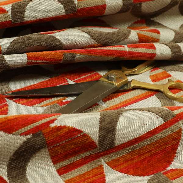 Circular Shape Modern Pattern In Brown Red Orange Colour Chenille Upholstery Fabric JO-753 - Made To Measure Curtains