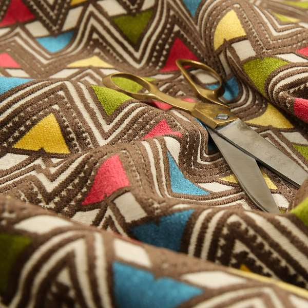 Ziani Geometric Pyramid Pattern In Vibrant Green Pink Yellow Brown Blue Colour Velvet Upholstery Fabric JO-76 - Made To Measure Curtains