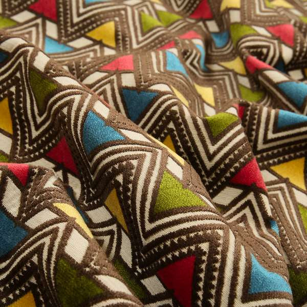 Ziani Geometric Pyramid Pattern In Vibrant Green Pink Yellow Brown Blue Colour Velvet Upholstery Fabric JO-76 - Roman Blinds