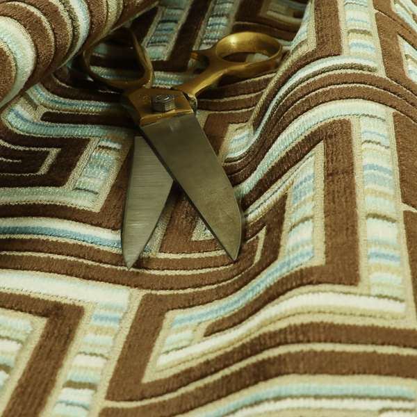 Maze Geometric Modern Pattern In Blue Brown Colour Velvet Upholstery Fabric JO-767 - Roman Blinds