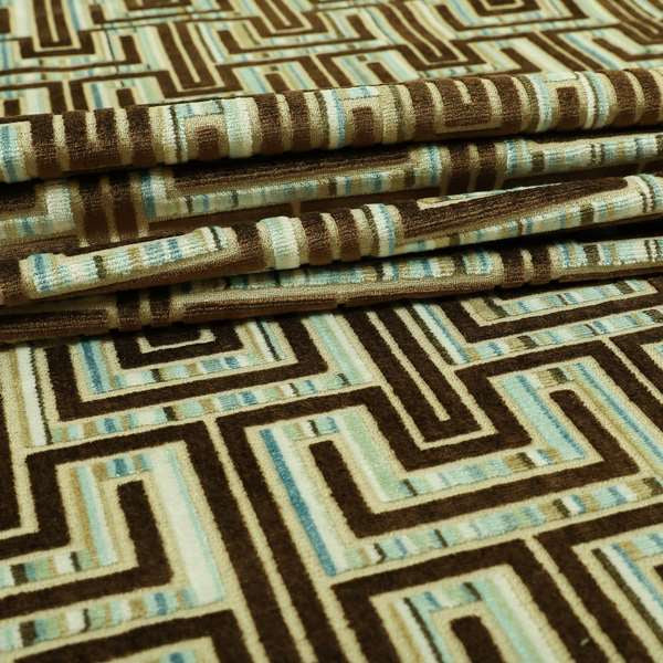 Maze Geometric Modern Pattern In Blue Brown Colour Velvet Upholstery Fabric JO-767 - Made To Measure Curtains