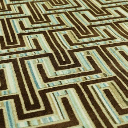 Maze Geometric Modern Pattern In Blue Brown Colour Velvet Upholstery Fabric JO-767 - Roman Blinds