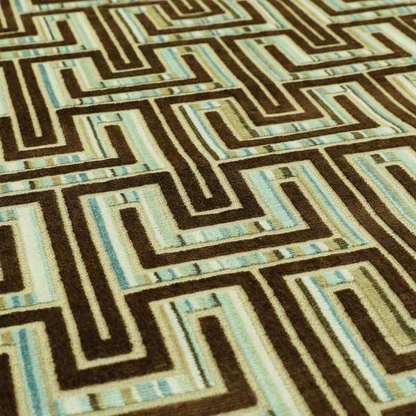 Maze Geometric Modern Pattern In Blue Brown Colour Velvet Upholstery Fabric JO-767 - Made To Measure Curtains