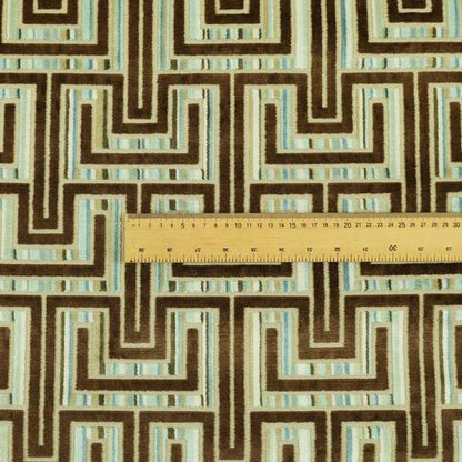 Maze Geometric Modern Pattern In Blue Brown Colour Velvet Upholstery Fabric JO-767 - Made To Measure Curtains