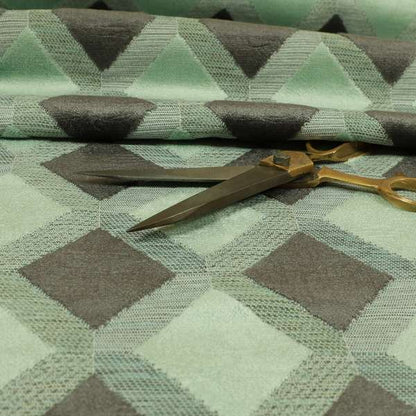 Modern Geometric Cubed Pattern In Green Grey Colour Velvet Upholstery Fabric JO-771 - Made To Measure Curtains