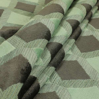 Modern Geometric Cubed Pattern In Green Grey Colour Velvet Upholstery Fabric JO-771