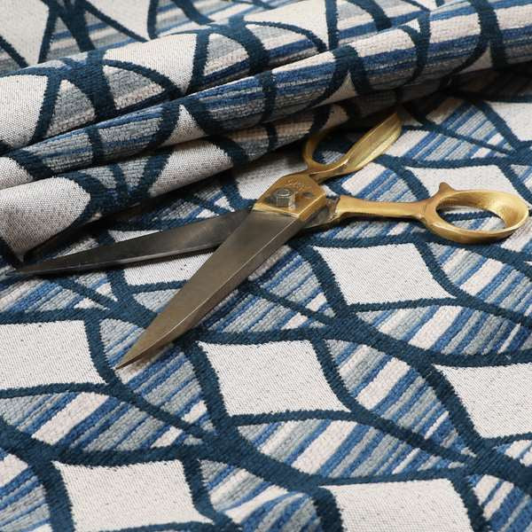 Geometric Pattern In Blue Colour Chenille Upholstery Fabric JO-774 - Made To Measure Curtains