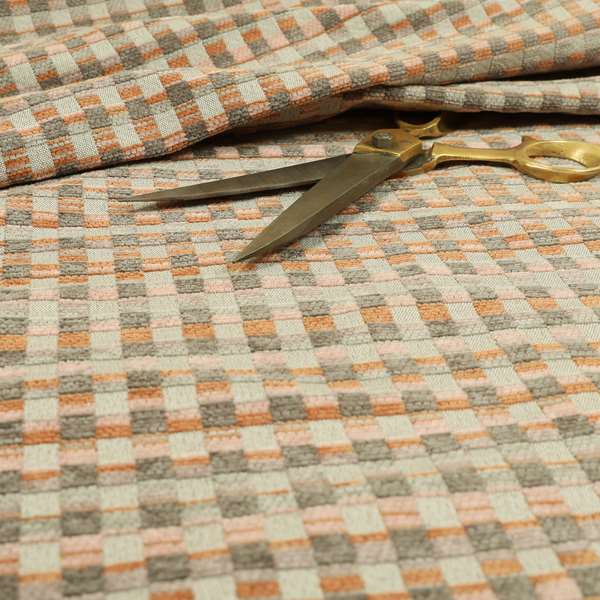 Geometric Square Pattern In Orange Grey Colour Chenille Upholstery Fabric JO-789 - Made To Measure Curtains