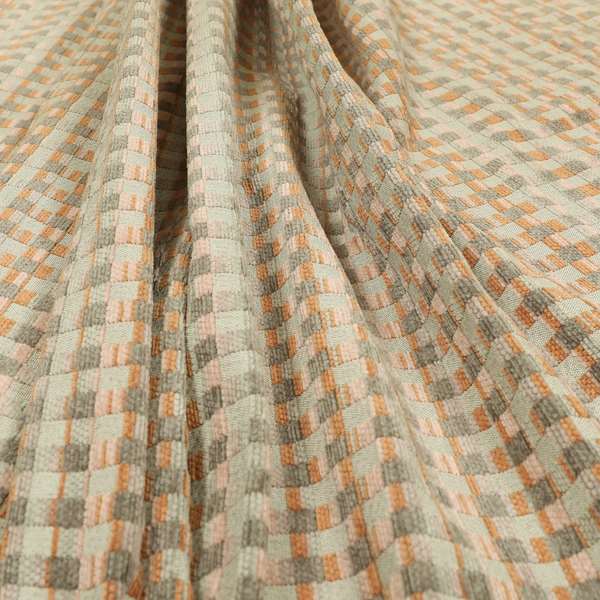 Geometric Square Pattern In Orange Grey Colour Chenille Upholstery Fabric JO-789 - Handmade Cushions