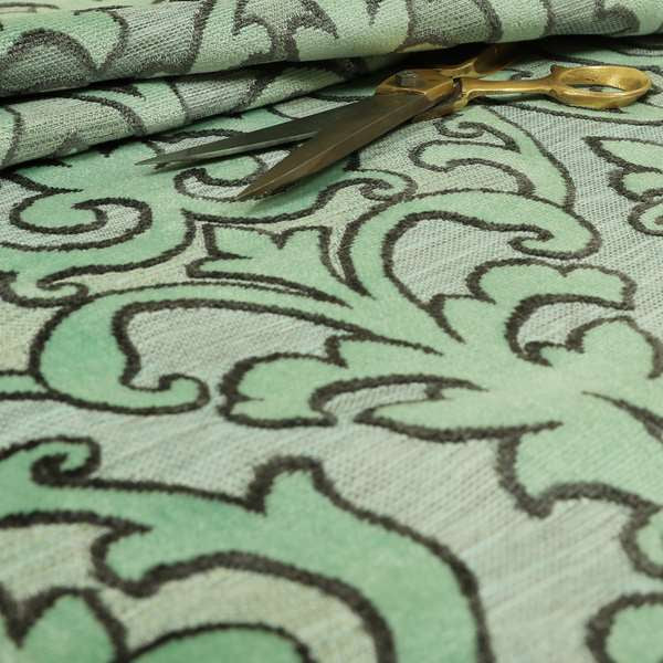 Traditional Damask Pattern In Green Grey Colour Velvet Upholstery Fabric JO-809