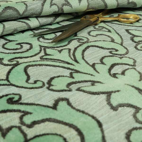 Traditional Damask Pattern In Green Grey Colour Velvet Upholstery Fabric JO-809 - Made To Measure Curtains