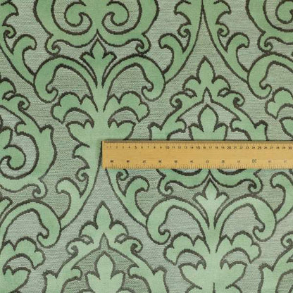 Traditional Damask Pattern In Green Grey Colour Velvet Upholstery Fabric JO-809