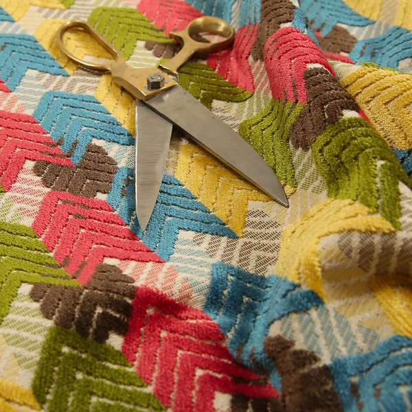 Ziani Geometric Chevron Stripe Pattern In Vibrant Green Pink Yellow Brown Blue Colour Velvet Upholstery Fabric JO-81