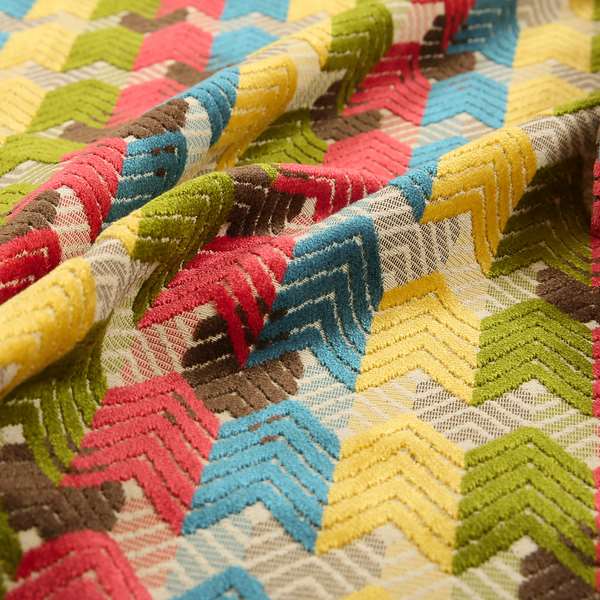 Ziani Geometric Chevron Stripe Pattern In Vibrant Green Pink Yellow Brown Blue Colour Velvet Upholstery Fabric JO-81 - Made To Measure Curtains