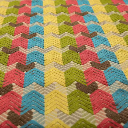 Ziani Geometric Chevron Stripe Pattern In Vibrant Green Pink Yellow Brown Blue Colour Velvet Upholstery Fabric JO-81 - Made To Measure Curtains