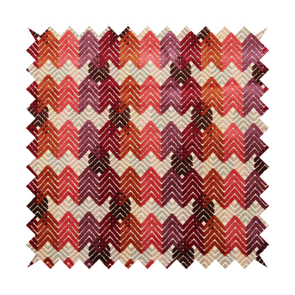 Ziani Geometric Chevron Stripe Pattern In Vibrant Orange Pink Purple Red Colour Velvet Upholstery Fabric JO-82