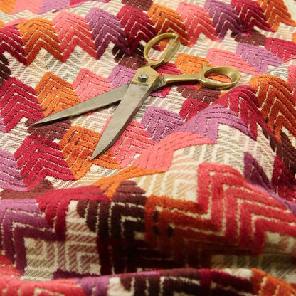 Ziani Geometric Chevron Stripe Pattern In Vibrant Orange Pink Purple Red Colour Velvet Upholstery Fabric JO-82