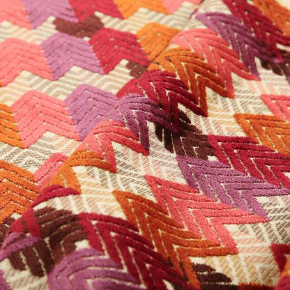 Ziani Geometric Chevron Stripe Pattern In Vibrant Orange Pink Purple Red Colour Velvet Upholstery Fabric JO-82 - Made To Measure Curtains