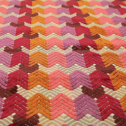 Ziani Geometric Chevron Stripe Pattern In Vibrant Orange Pink Purple Red Colour Velvet Upholstery Fabric JO-82 - Roman Blinds