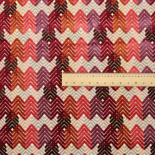 Ziani Geometric Chevron Stripe Pattern In Vibrant Orange Pink Purple Red Colour Velvet Upholstery Fabric JO-82 - Roman Blinds