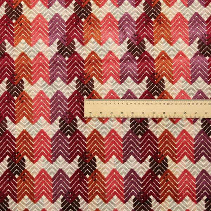 Ziani Geometric Chevron Stripe Pattern In Vibrant Orange Pink Purple Red Colour Velvet Upholstery Fabric JO-82 - Made To Measure Curtains