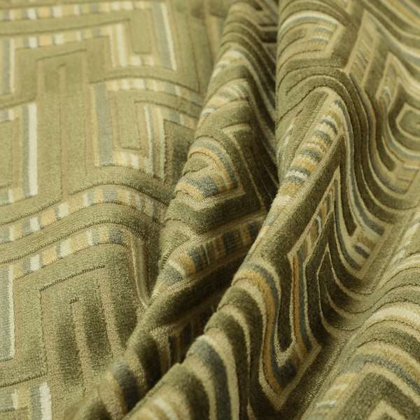 Maze Modern Pattern In Green Brown Colour Velvet Upholstery Fabric JO-824 - Made To Measure Curtains