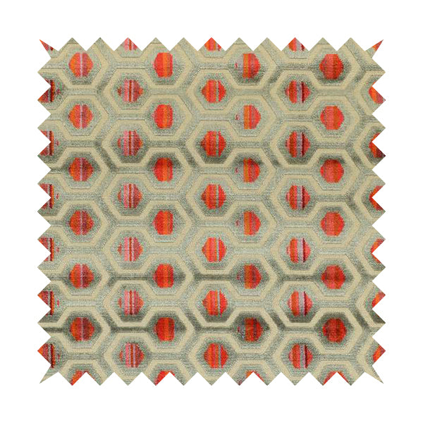 Modern Hexagon Pattern In Red Pink Grey Colour Velvet Upholstery Fabric JO-831 - Made To Measure Curtains