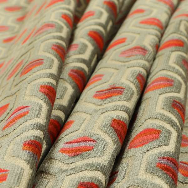 Modern Hexagon Pattern In Red Pink Grey Colour Velvet Upholstery Fabric JO-831 - Roman Blinds