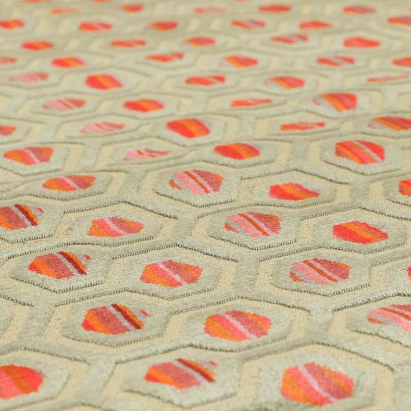 Modern Hexagon Pattern In Red Pink Grey Colour Velvet Upholstery Fabric JO-831 - Made To Measure Curtains