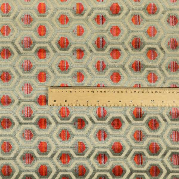 Modern Hexagon Pattern In Red Pink Grey Colour Velvet Upholstery Fabric JO-831 - Made To Measure Curtains