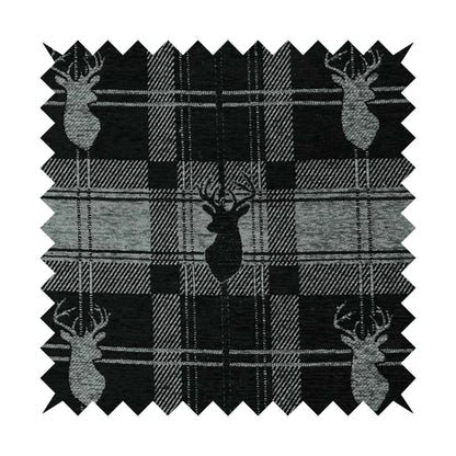 Highland Collection Luxury Soft Like Cotton Feel Stag Deer Head Animal Design On Checked Grey Black Background Chenille Upholstery Fabric JO-84 - Roman Blinds