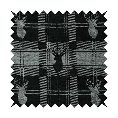 Highland Collection Luxury Soft Like Cotton Feel Stag Deer Head Animal Design On Checked Grey Black Background Chenille Upholstery Fabric JO-84 - Handmade Cushions
