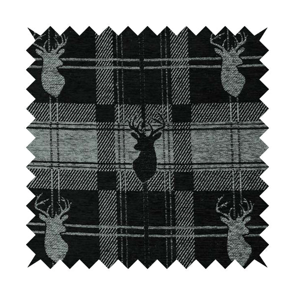 Highland Collection Luxury Soft Like Cotton Feel Stag Deer Head Animal Design On Checked Grey Black Background Chenille Upholstery Fabric JO-84