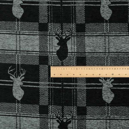 Highland Collection Luxury Soft Like Cotton Feel Stag Deer Head Animal Design On Checked Grey Black Background Chenille Upholstery Fabric JO-84 - Roman Blinds