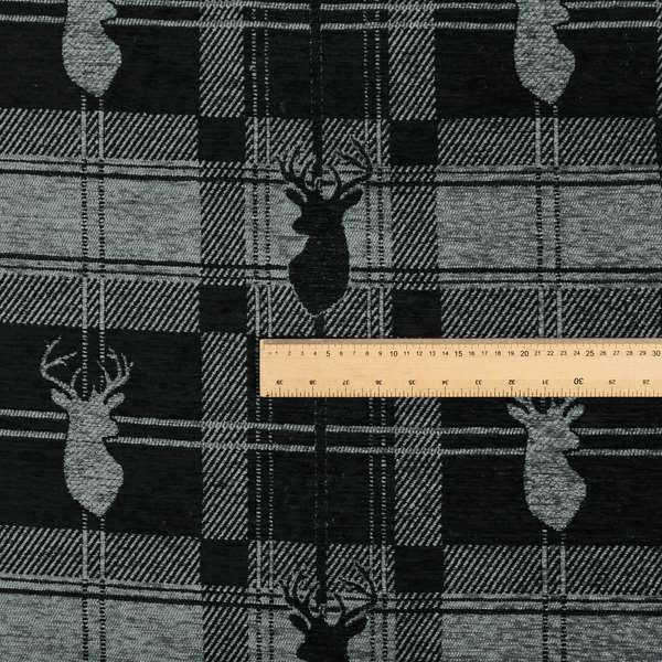 Highland Collection Luxury Soft Like Cotton Feel Stag Deer Head Animal Design On Checked Grey Black Background Chenille Upholstery Fabric JO-84