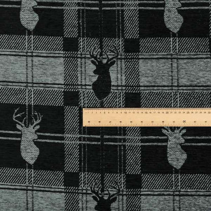 Highland Collection Luxury Soft Like Cotton Feel Stag Deer Head Animal Design On Checked Grey Black Background Chenille Upholstery Fabric JO-84 - Made To Measure Curtains