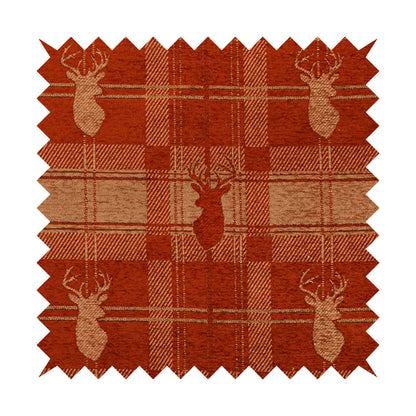 Highland Collection Luxury Soft Like Cotton Feel Stag Deer Head Animal Design On Checked Orange Peach Background Chenille Upholstery Fabric JO-85 - Made To Measure Curtains