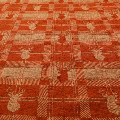 Highland Collection Luxury Soft Like Cotton Feel Stag Deer Head Animal Design On Checked Orange Peach Background Chenille Upholstery Fabric JO-85 - Made To Measure Curtains