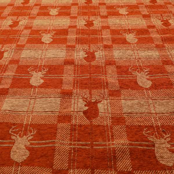 Highland Collection Luxury Soft Like Cotton Feel Stag Deer Head Animal Design On Checked Orange Peach Background Chenille Upholstery Fabric JO-85