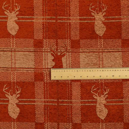 Highland Collection Luxury Soft Like Cotton Feel Stag Deer Head Animal Design On Checked Orange Peach Background Chenille Upholstery Fabric JO-85 - Roman Blinds
