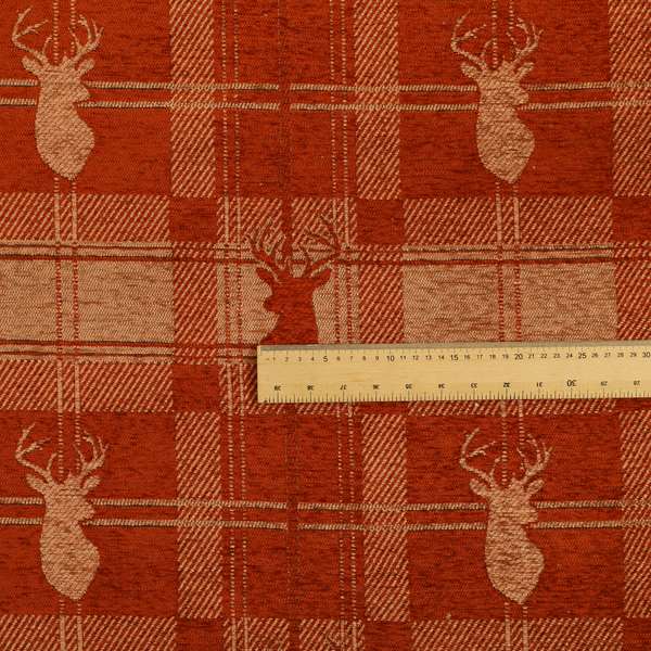 Highland Collection Luxury Soft Like Cotton Feel Stag Deer Head Animal Design On Checked Orange Peach Background Chenille Upholstery Fabric JO-85