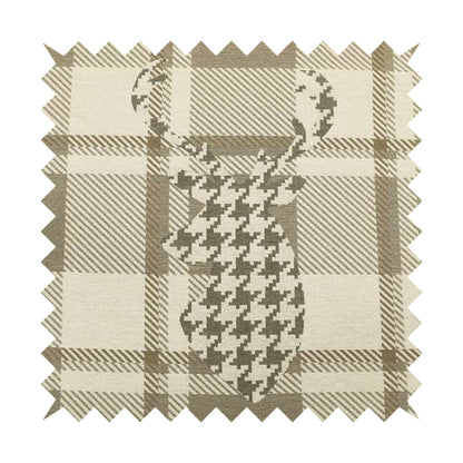 Stag Head Geometric Pattern Checked Beige Brown Colour Soft Jacquard Woven Chenille Fabric JO-86 - Made To Measure Curtains