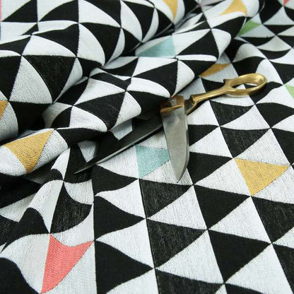 Uzbek Decorative Geometric Triangle Design Black White Green Yellow Blue Red Colour Soft Chenille Interior Fabric JO-87 - Made To Measure Curtains