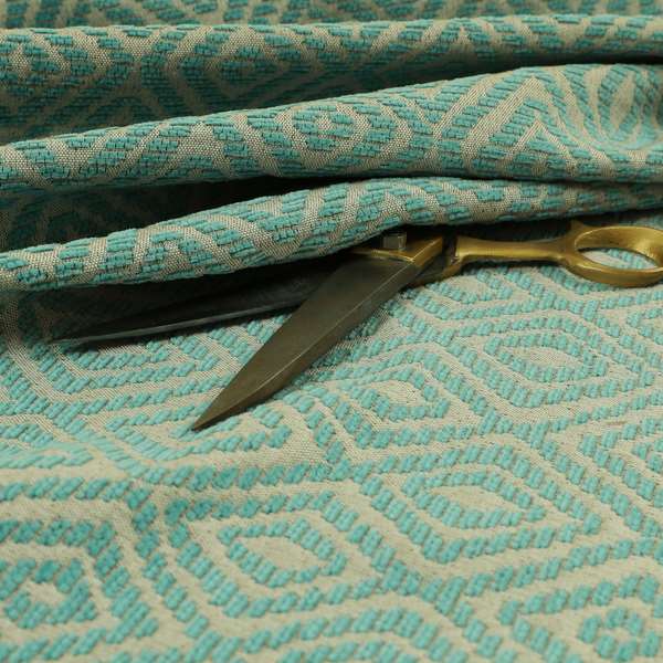 Geometric Diamond Modern Pattern In Teal Colour Chenille Upholstery Fabric JO-870 - Made To Measure Curtains