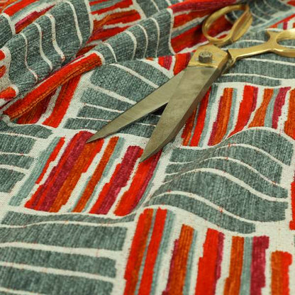 Geometric Shape Striped Pattern In Red Grey Colour Chenille Upholstery Fabric JO-881 - Made To Measure Curtains