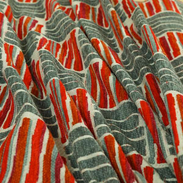 Geometric Shape Striped Pattern In Red Grey Colour Chenille Upholstery Fabric JO-881 - Handmade Cushions