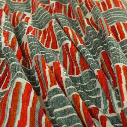 Geometric Shape Striped Pattern In Red Grey Colour Chenille Upholstery Fabric JO-881