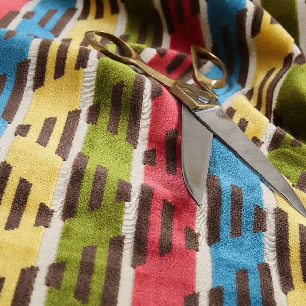 Ziani Designer Stripe Pattern In Vibrant Green Pink Yellow Brown Blue Colour Velvet Upholstery Fabric JO-89 - Roman Blinds