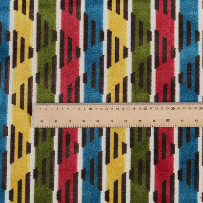 Ziani Designer Stripe Pattern In Vibrant Green Pink Yellow Brown Blue Colour Velvet Upholstery Fabric JO-89 - Roman Blinds