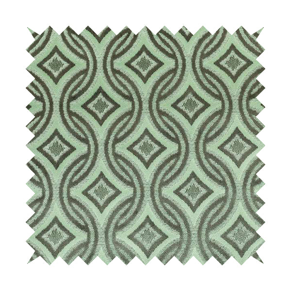 Geometric Locked Medallion Pattern In Green Grey Colour Velvet Upholstery Fabric JO-898 - Made To Measure Curtains